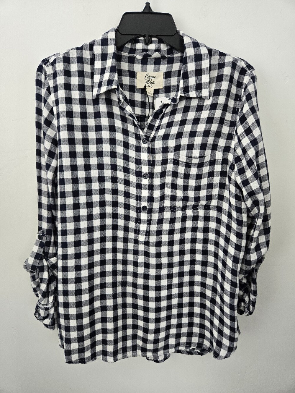 Cosmic Blue Love Kylie Classic gingham Half Button Down Blouse. Navy. Size Small